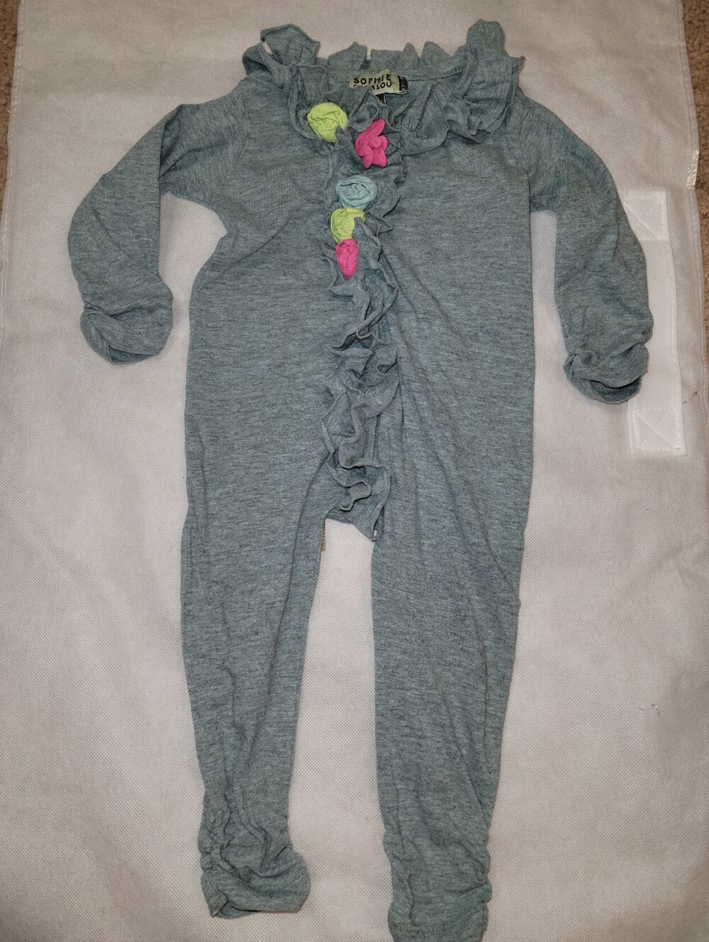 Sophie catalou gray green pink flower ruched ruffle romper longall 6-9m